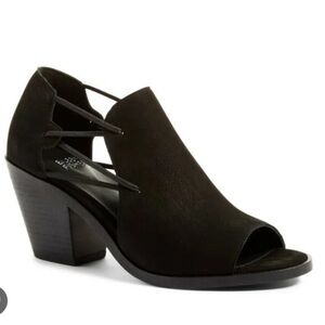 Eileen Fisher Nikki Peep Toe Heel 8.5 Black Suede Leather 2.5 Stacked Heel Boot